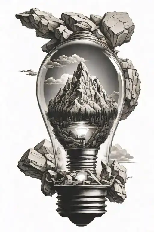 Lightbulb With A Mountain On The Inside Of It And A Small City On Top Of The Mountain