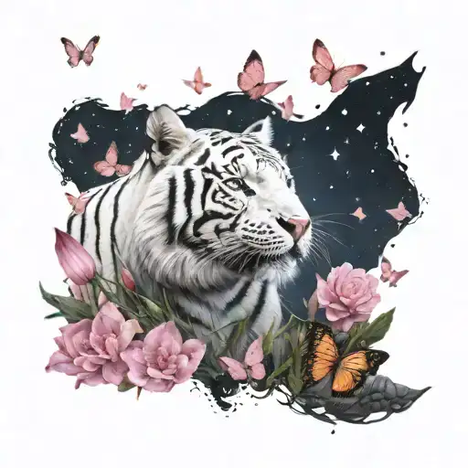 A White Tiger And A Fox Booping Noses Under A Starry Sky In A Field Of Pink Butterflies