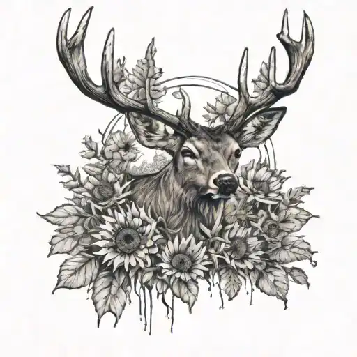 Deer Scenery And Sunflowers Growing
