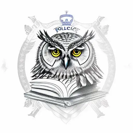 An Owl Perched On A Stack Of Books With A Police Badge Incorporated Into The Design