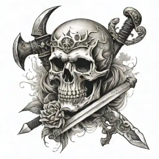 Skull With Axes And Swords Behind