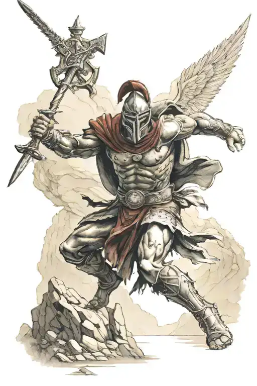 Spartan Warrior Fighting Demons On Mountain Landscape