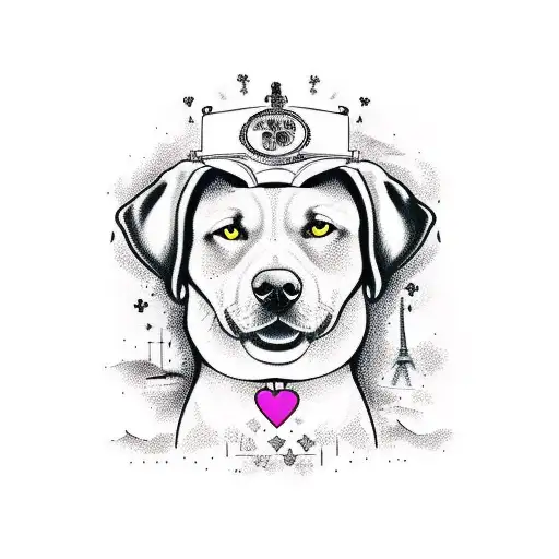 Half Sleeve Colored Women And Black Dog Labrador Walking In The Down Of The Eiffel Tower