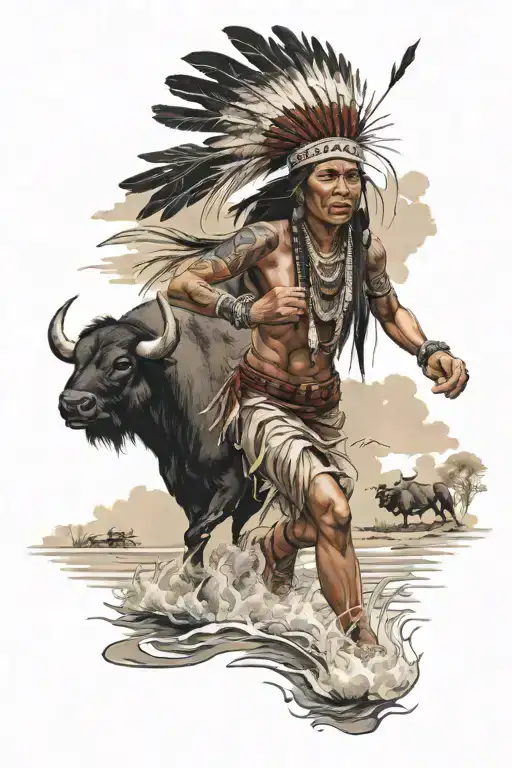 Feathered Indian Woman Running Into River And Buffaloes And Village