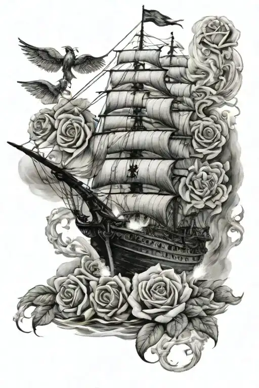 Black Pearl Ship Burning That Has Some Roses And Angels