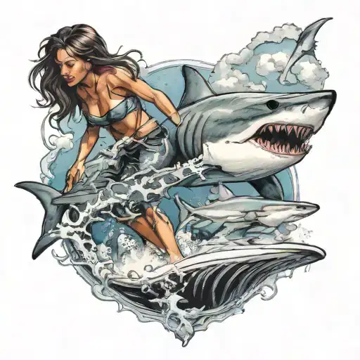 Woman In Bikini Surfing A Shark