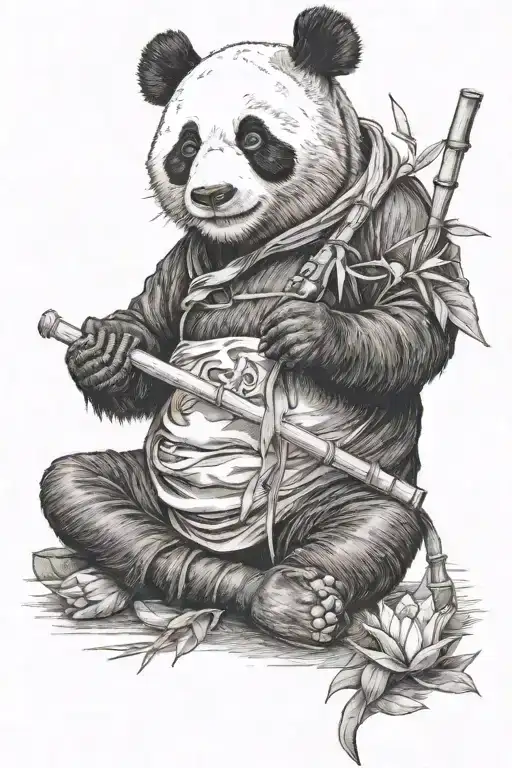 Panda Sitting In Lotus Position Smoking Bamboo Pipe