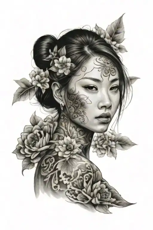 Asian Women With Tattoo Design Combining