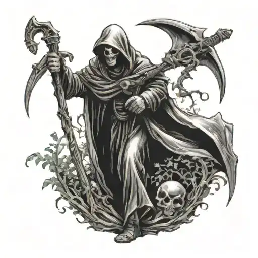 Grim Reaper Holding A Scythe Walking With A Man
