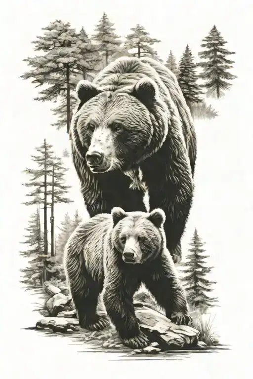 Bear And Cub In The Forest Scene
