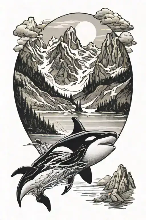 Killer Whale Swimming Next To A Mountain Side With A Wolverine At Top Of Mountain Side