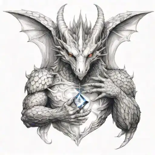 Dragon With White Feather Wings Holding A Crystal To His Chest
