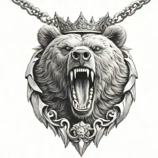 Bear Roaring With Crown And Cross Necklace