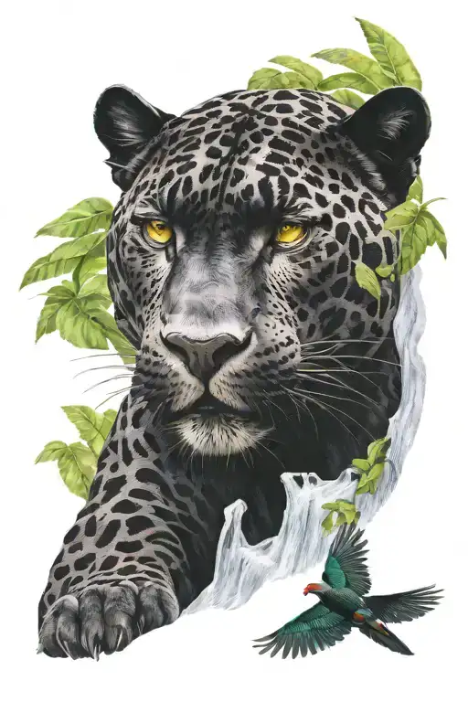 Black Jaguar With Purple Eyes Guarding Macaws Flying Over A Waterfall
