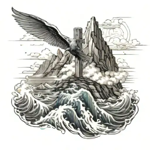 Cross On A Mountain Over Rough Waters