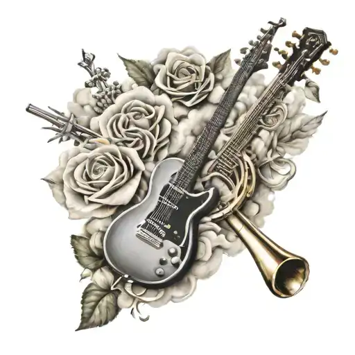 Guitar Piano And Trumpet Surrounded By Clouds And Roses