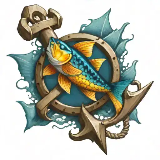 A Realistic Anchor Entwined With A School Of Vibrant New-school Style Fish