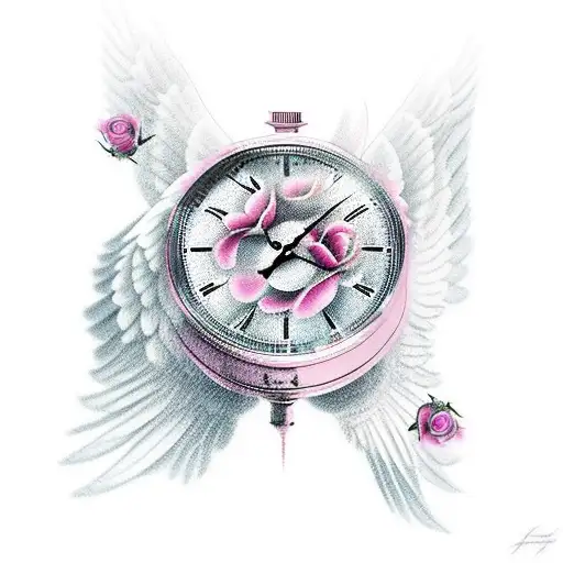 Angel Wings In Heaven With Two Clock Faces And One Pink Rose