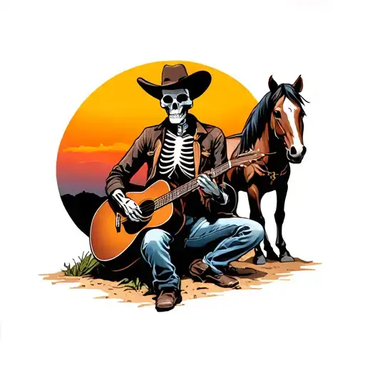 Skeleton Cowboy Playing Guitar On The Ground Leaning Aginst A Horse In Front Of A Sun Setting