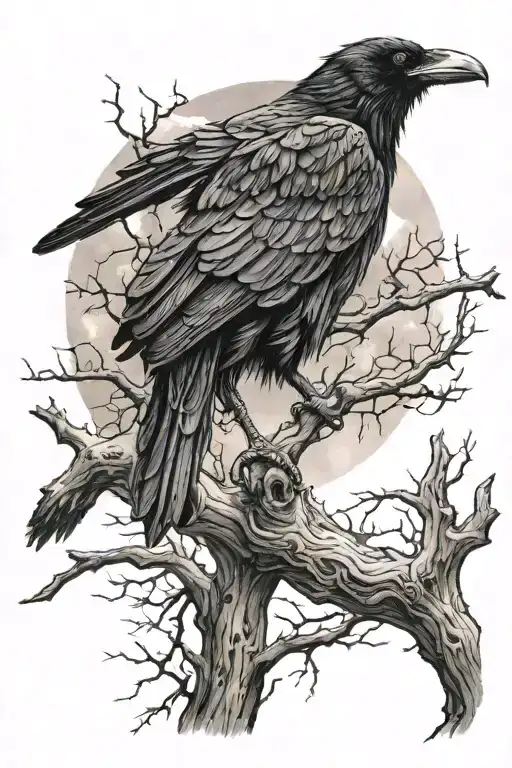 Raven Sitting On A Dead Branch In A Lightning Storm