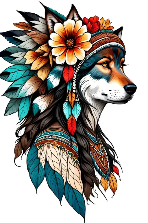 Wolves Native American Traditional Floral Lady Head
