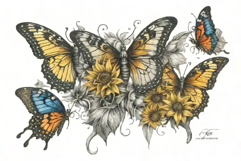 3 Butterflys One With A Skull One With Sunflowers One That Gives Fluffy Kaleidoscope Wings