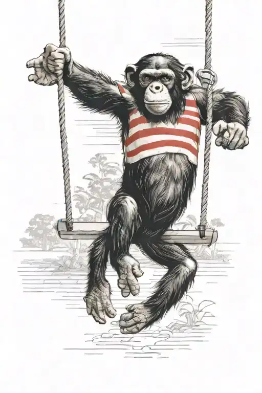 Chimpanzee Swinging From A Horizontal Line Wearing A White And Red Stripe Shirt