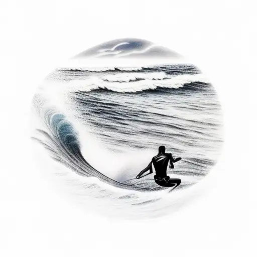 A Realistic Sunset Over The Beach With A Surfer Riding A Wave In The Foreground