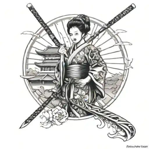 Geisha Katana With A Temple In The Background