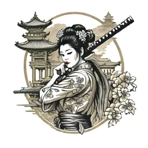Geisha Holding A Katana With A Temple In The Background