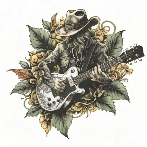 A Realistic Portrait Of A Favorite Video Game Character Playing A Guitar Surrounded By Leafs