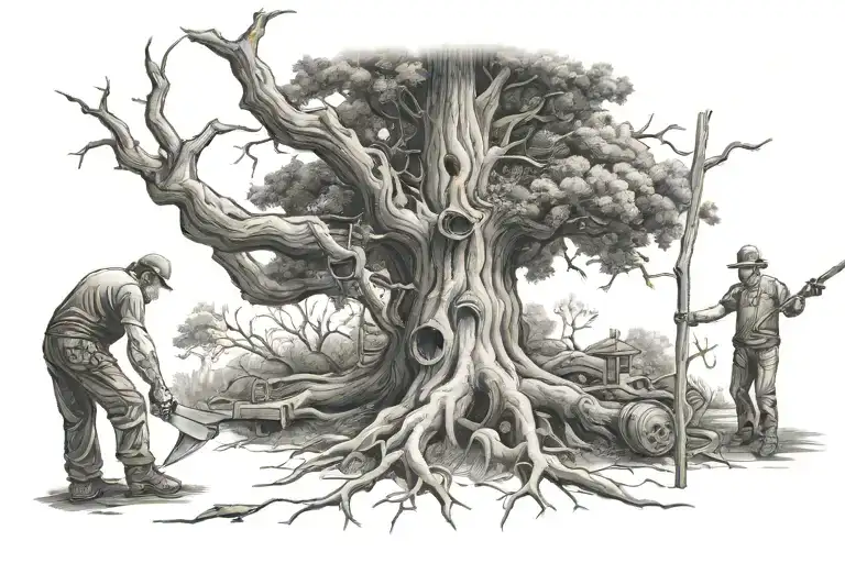 Big Evil Tree Being Cut Down By A Big Man