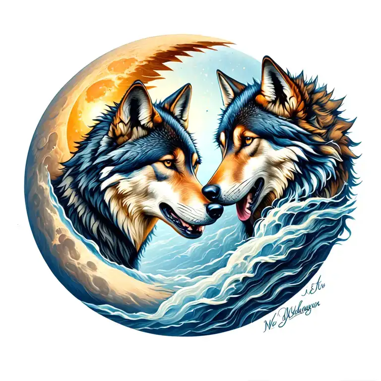Two Wolfs Chasing The Sun & Moon Merging Together