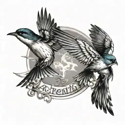 Two Flying Swallows With The Word Achentachetig