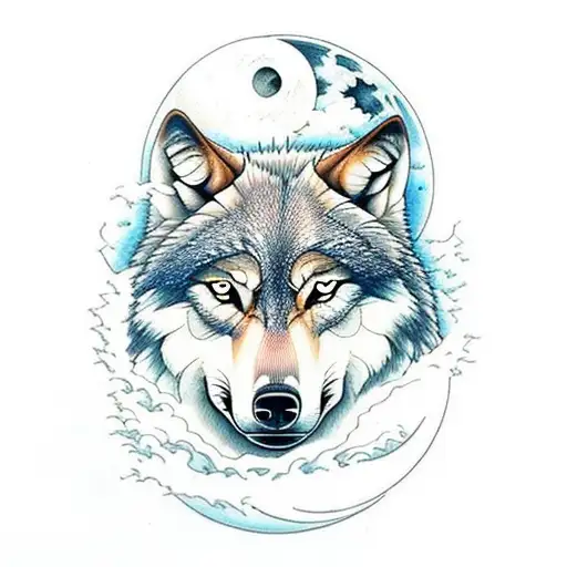Wolf With Moon In Sky With A Waterfall