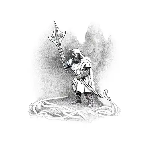 Viking Holding A Sword Bowing His Uead Down