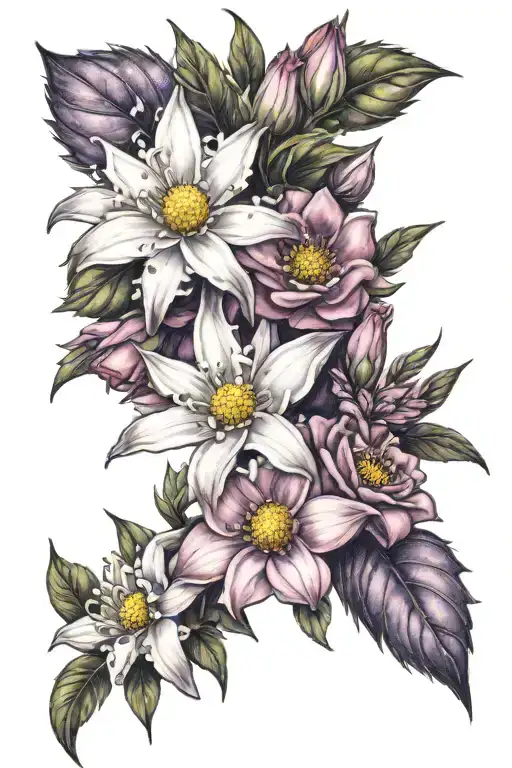 White Edelweiss Flowers With Purple Daisies And Pink Roses