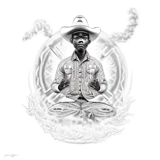 African American Cowboy Meditating By A Fire Truck