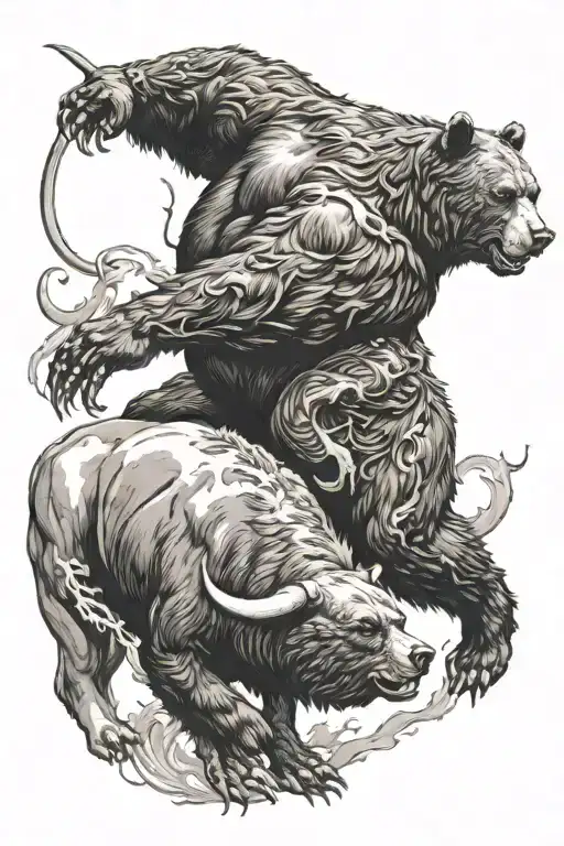 Bear Fighting A Bull With A Full Moon