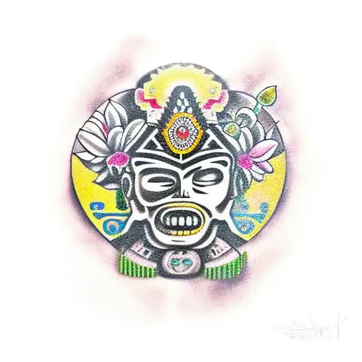 Tattoo Of The Aztec God Xochipilli Surrounded By Various Types Of Flowers