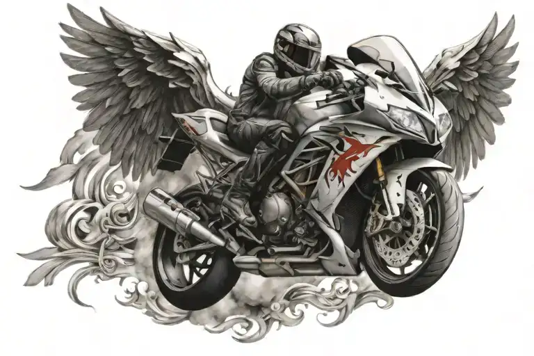 Superbike With Angel Wings Going Around A Corner