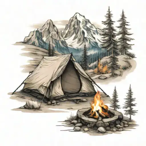 A Scenic Mountain Landscape With A Tent And Campfire