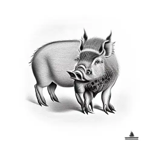 Tree Trunk With Grown Boar On Top And A Baby Boar Next To Him