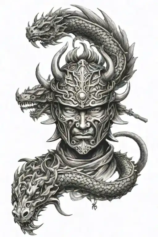 Samurai Mask Surrounded By Dragon Intertwined