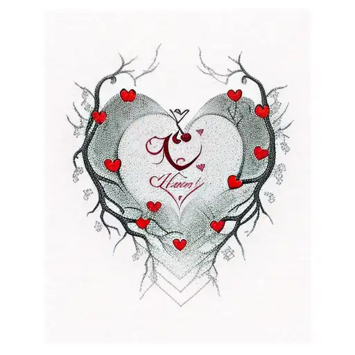 A Tattoo Design Of A Heart-shaped Cherry Tree With Mom And Dad's Names Written In The Roots