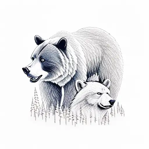 Bear And A Wolf With Their Natural Landscape