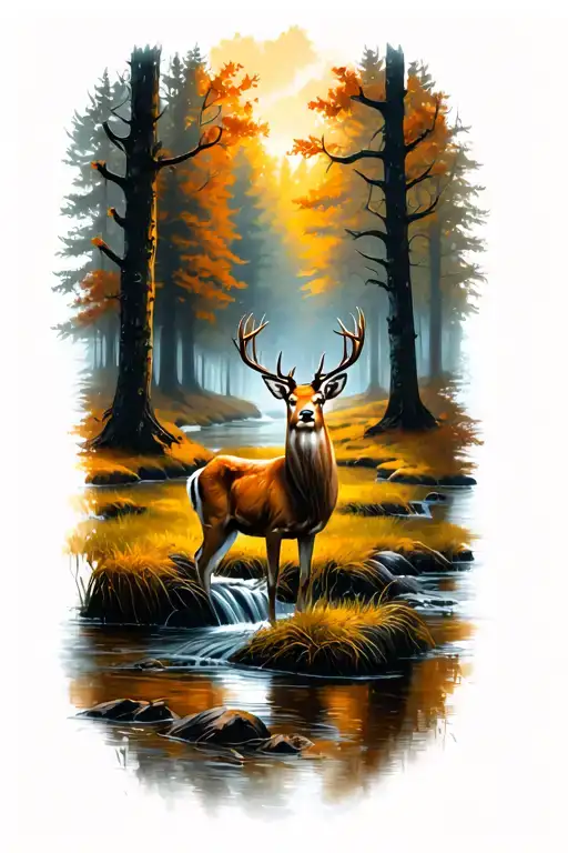 A Deer Standing In A Fall Season Forest Scene Featuring A Stream Flowing Into A Marsh