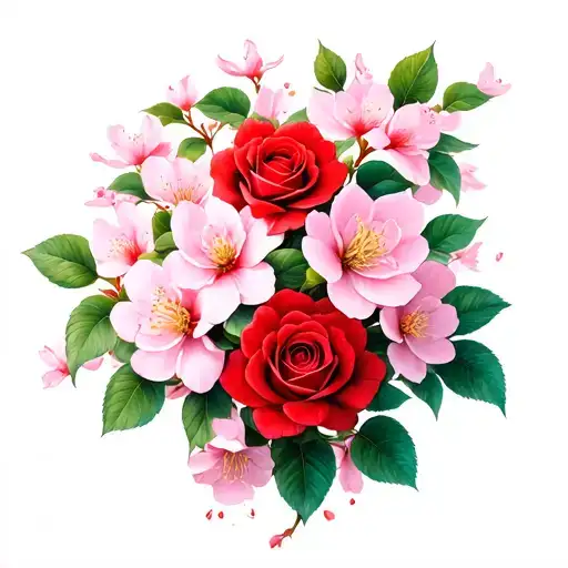 Red Roses Blooming Cherry Blossom Tree Intertwined