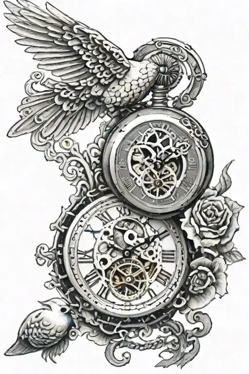Pocket Watch With Gears And Dove Flying Crying Woman