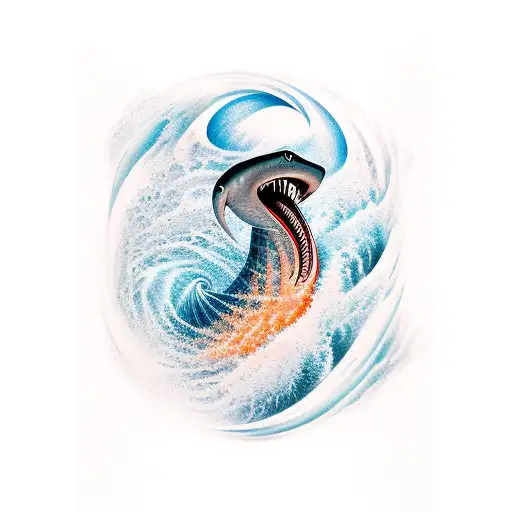 Abstract Waves With A Hammerhead Shark Silhouette Swimming Through